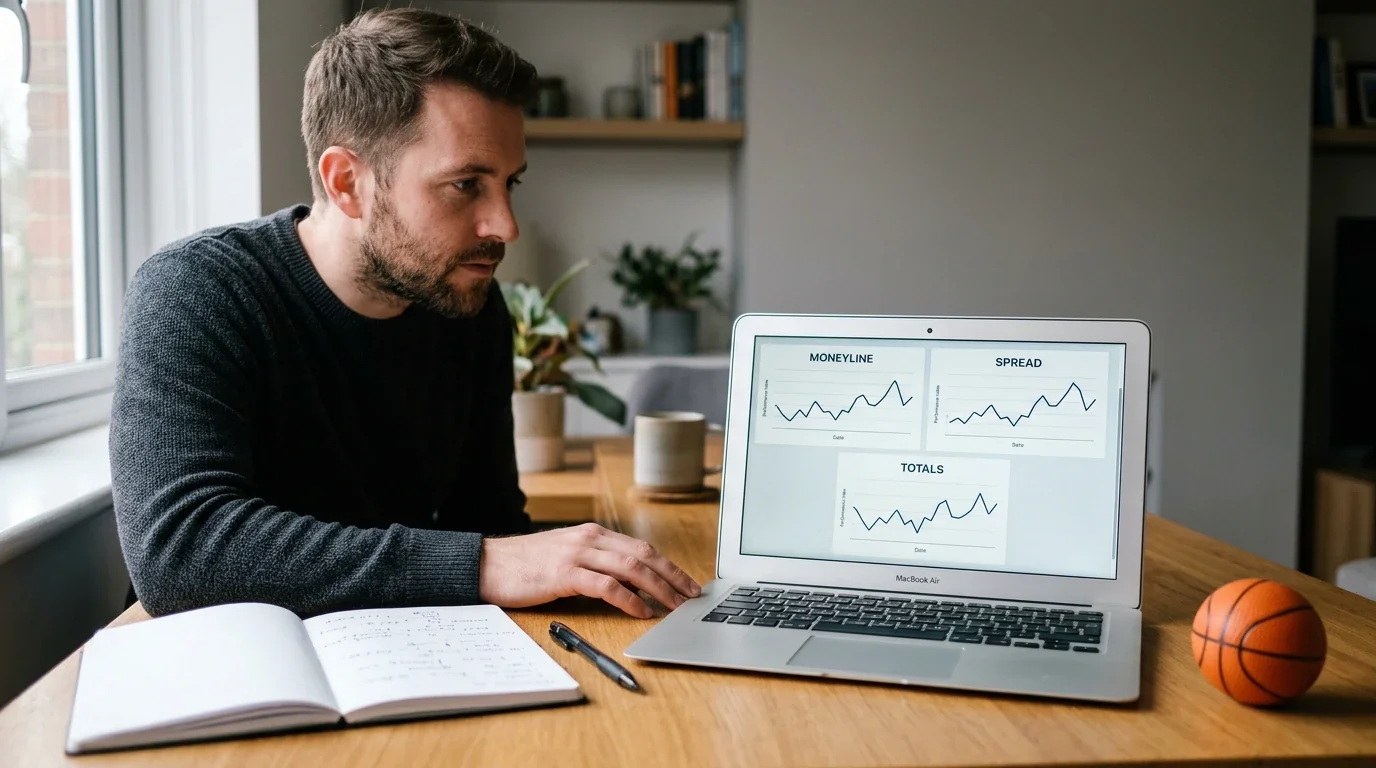 Person studying NBA betting markets — moneyline, spread and totals — on a laptop