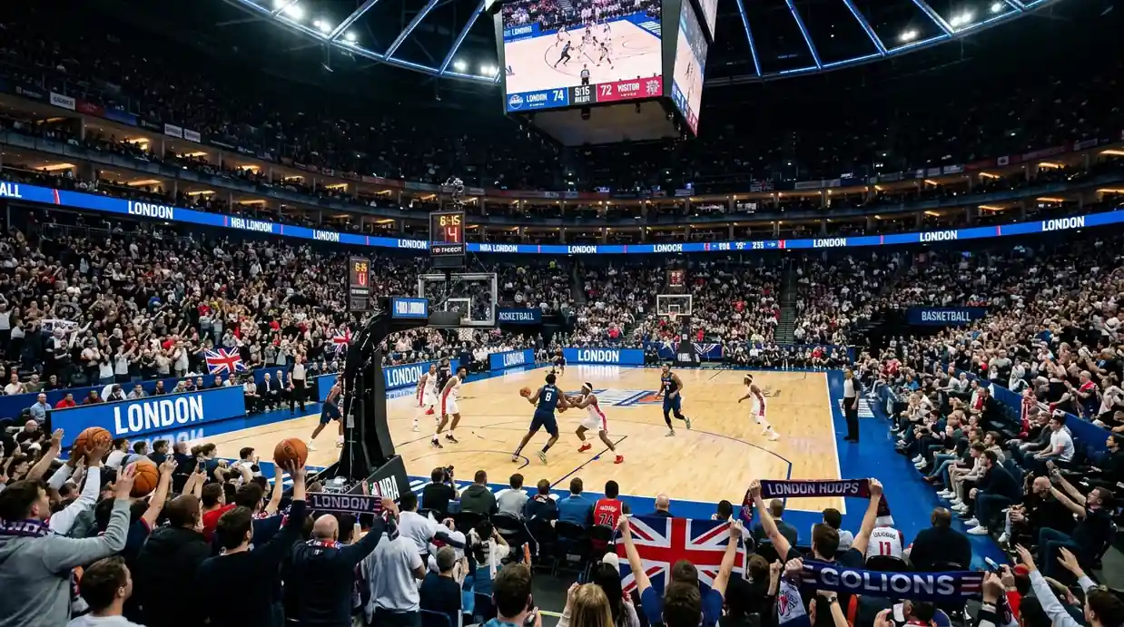 NBA London game crowd at the O2 Arena watching basketball