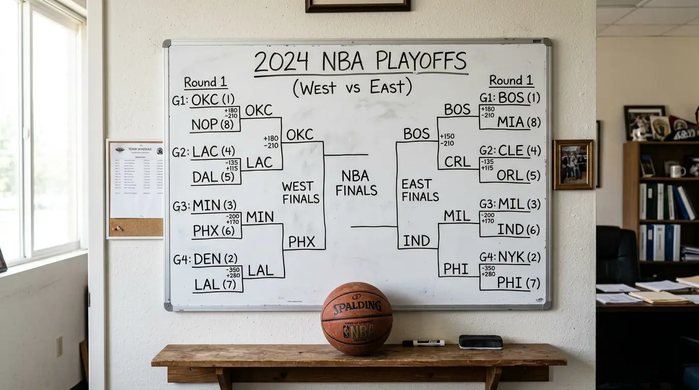 Tactical whiteboard showing a hand-drawn NBA playoff bracket with team abbreviations and series price annotations